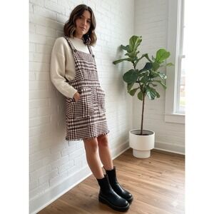 Vtg Aesthetic Brown Houndstooth Pinafore Dress Tweed Academiacore Mini Overall S